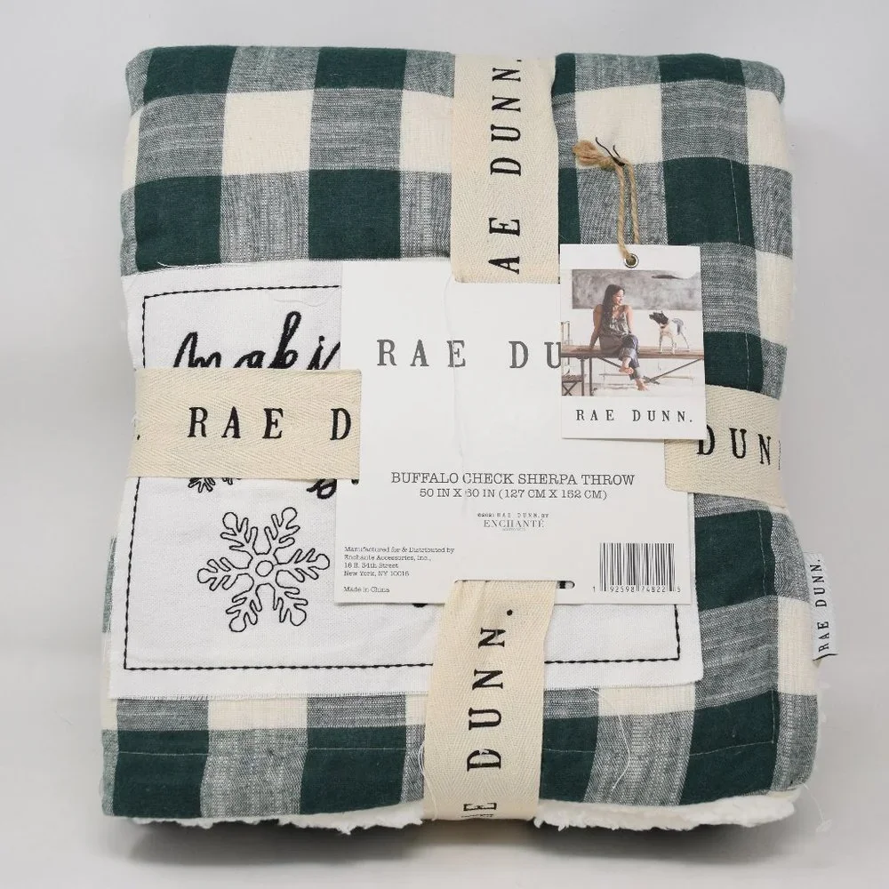 Rae Dunn Making Spirits Bright Throw Buffalo Check Sherpa Blanket New Green